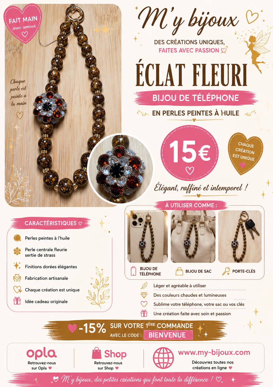 ✨ Bijou de téléphone – Perles peintes à l’huile « Éclat Fleuri »