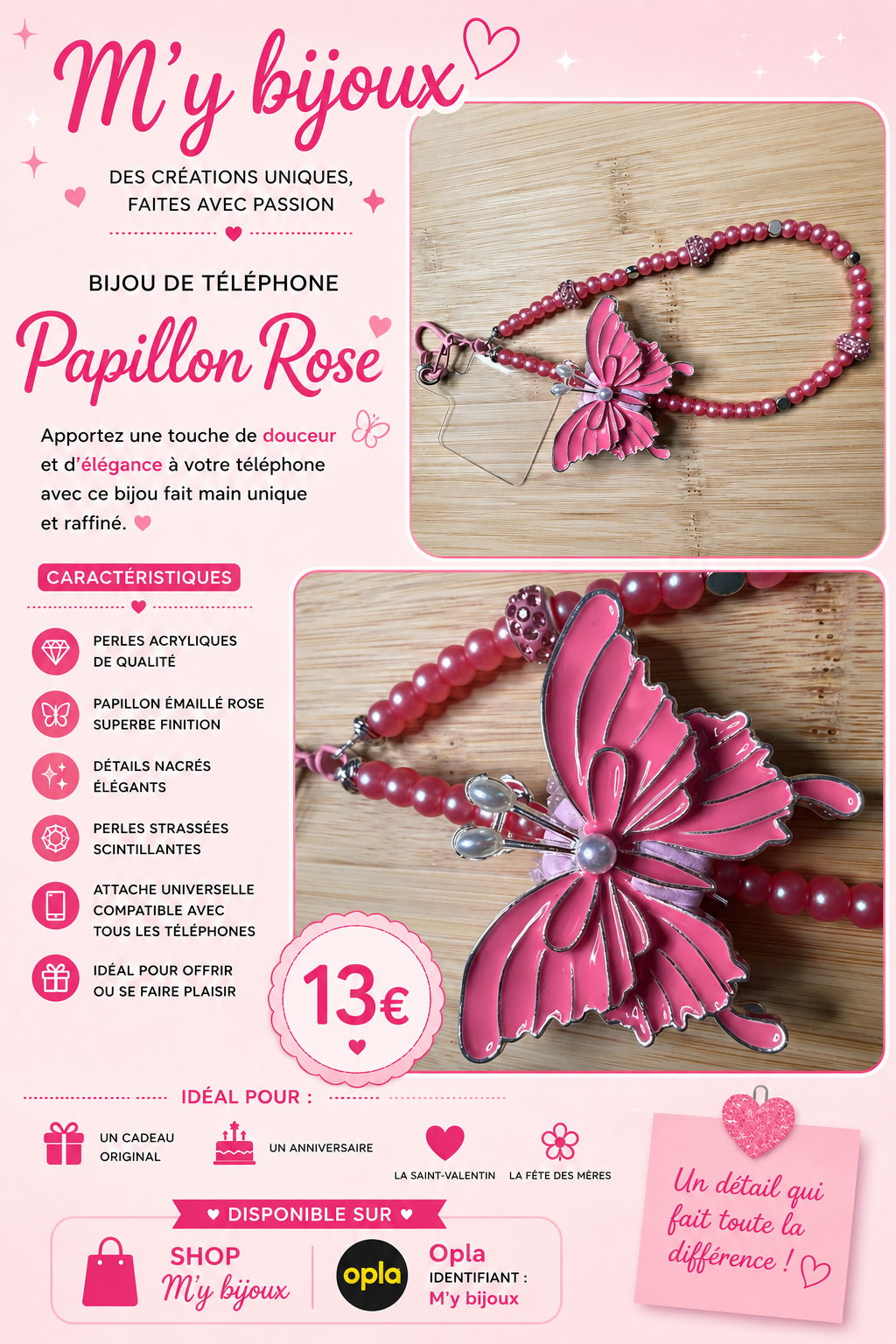 🦋 Bijou de téléphone “Papillon Rose” – 13 € 🦋
