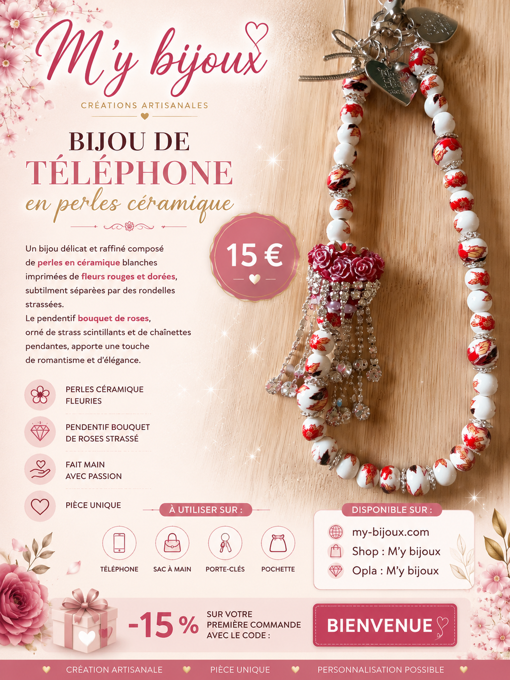 🌹 Bijou de téléphone en perles céramique – Bouquet de roses