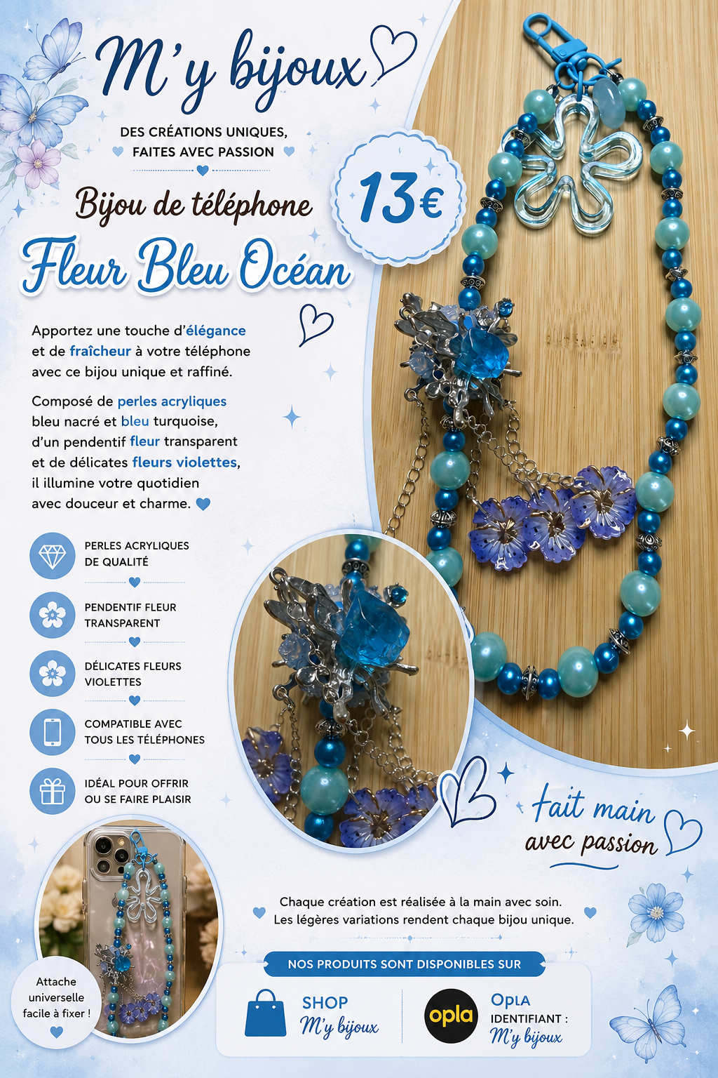 💙 Bijou de téléphone « Fleur Bleu Océan »