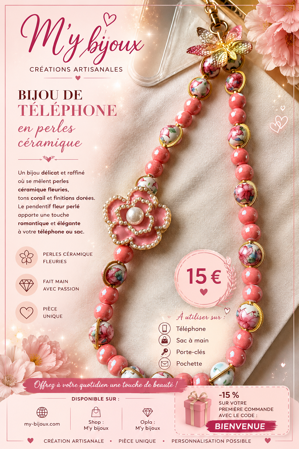🌸 Bijou de téléphone – Perles céramiques fleuries