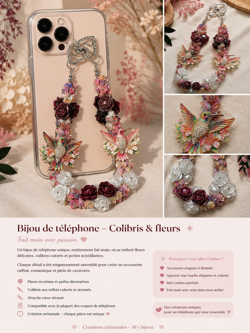 Bijou 2-en-1 Colibris & Fleurs – Bijou de téléphone & bijou de sac