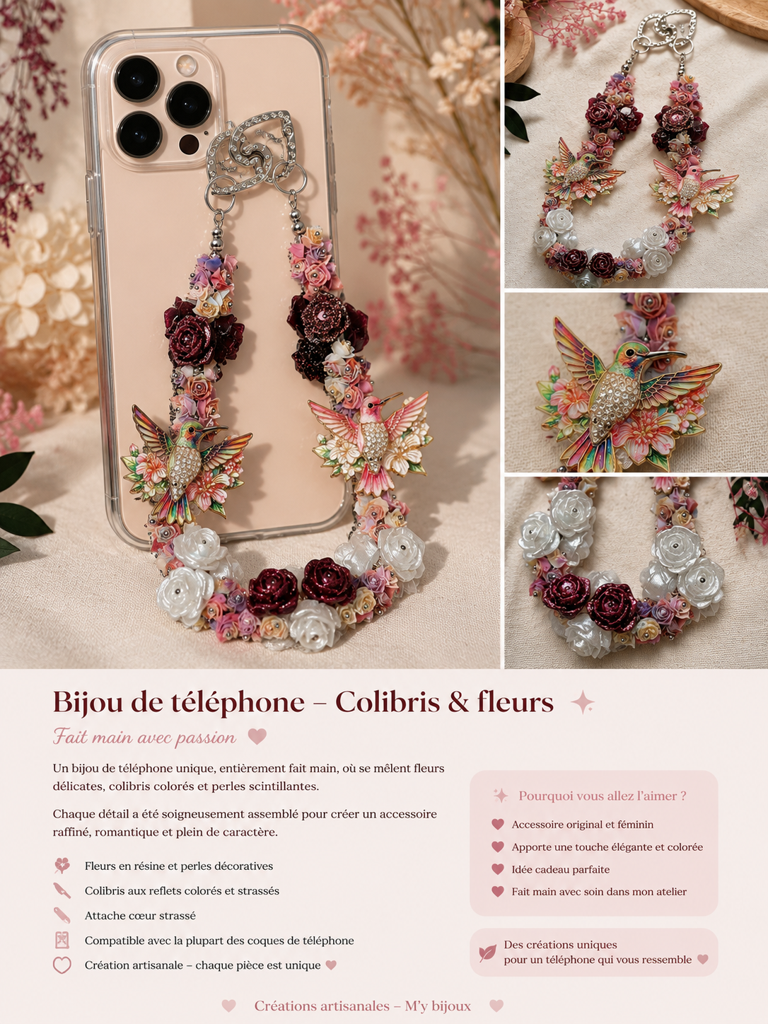 Bijou 2-en-1 Colibris & Fleurs – Bijou de téléphone & bijou de sac