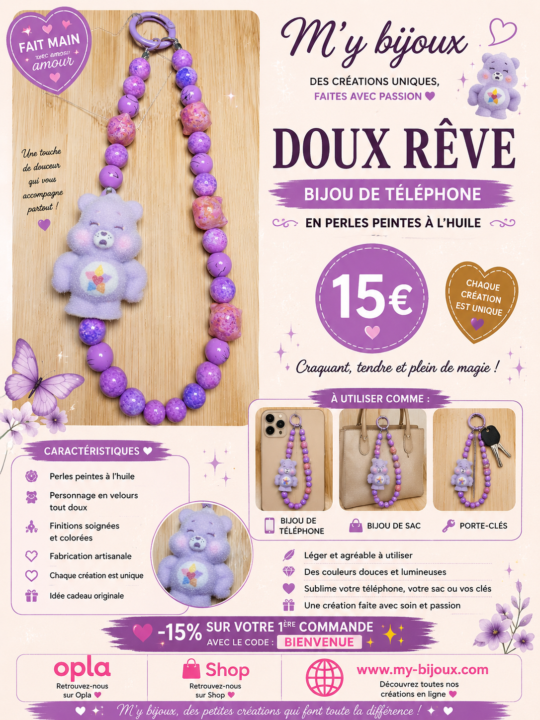 💜 Bijou de téléphone / Bijou de sac – Ourson velours lavande