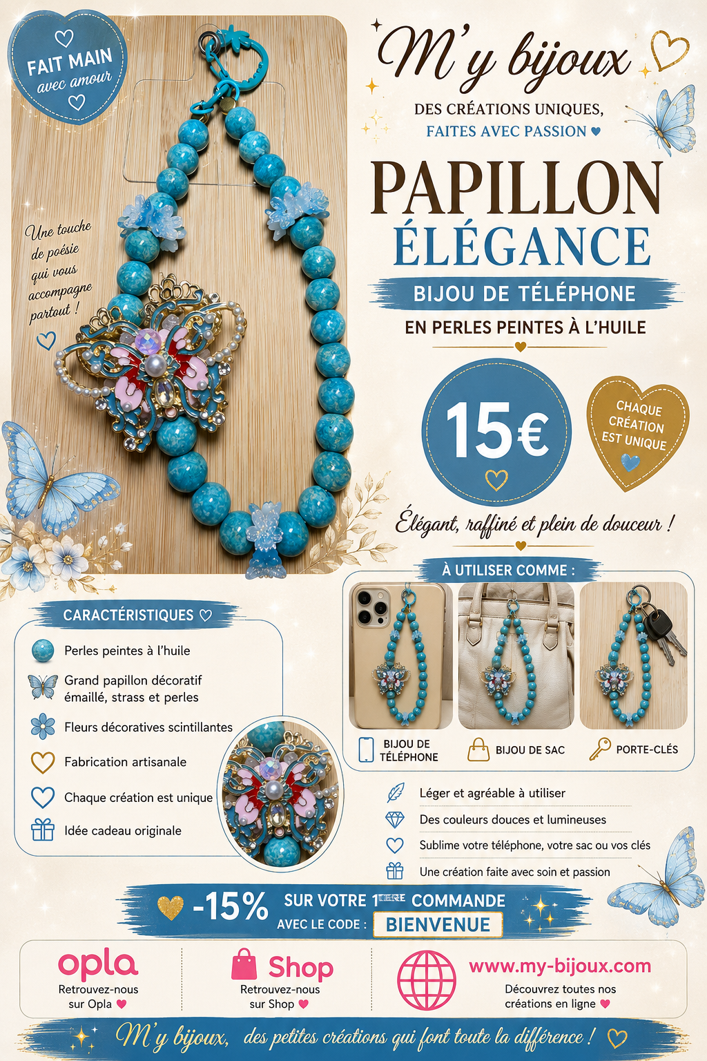 🦋 Bijou de téléphone – Papillon Élégance Bleu Céleste