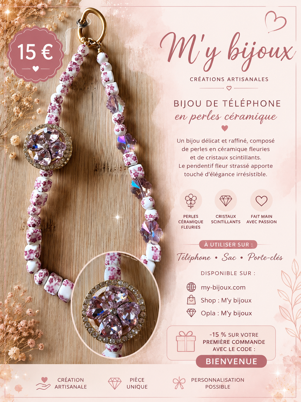 🌸 Bijou de téléphone – Perles céramiques fleuries