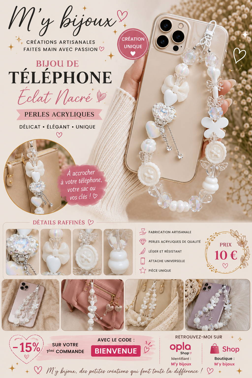 🤍 Bijou de téléphone “Éclat nacré” – Perles acryliques