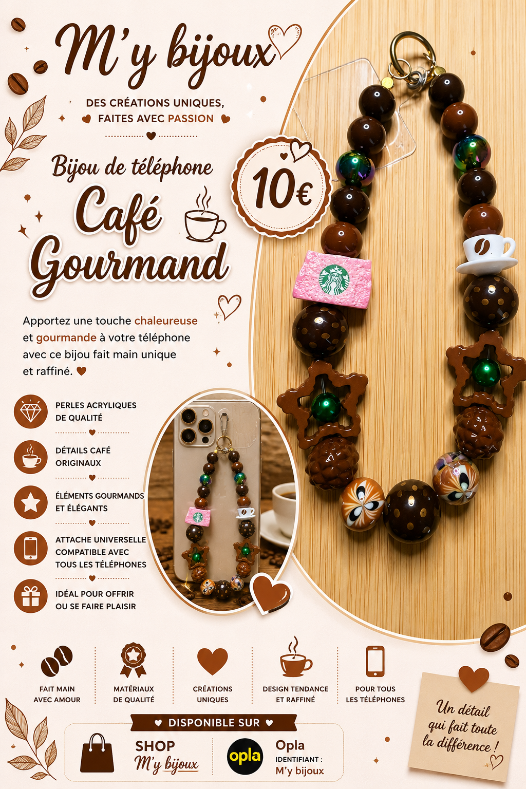 ☕ Bijou de téléphone “Café Gourmand” – Création artisanale ☕
