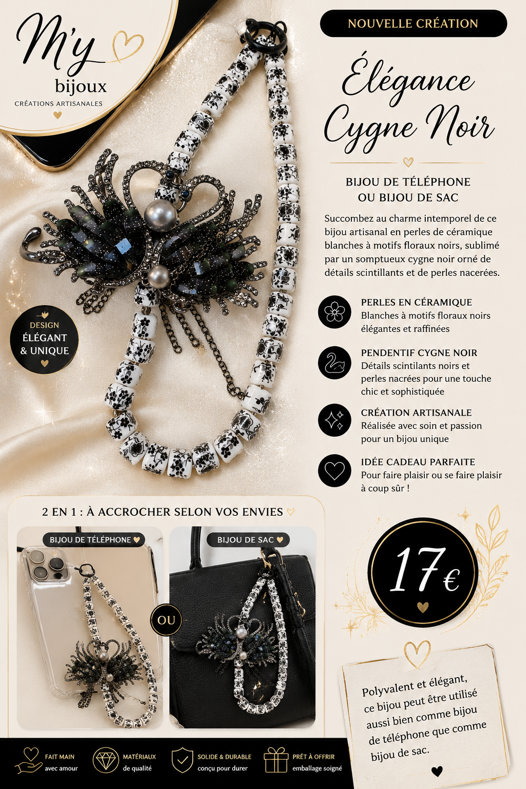 🦢 Bijou de téléphone / Bijou de sac – Élégance Cygne Noir