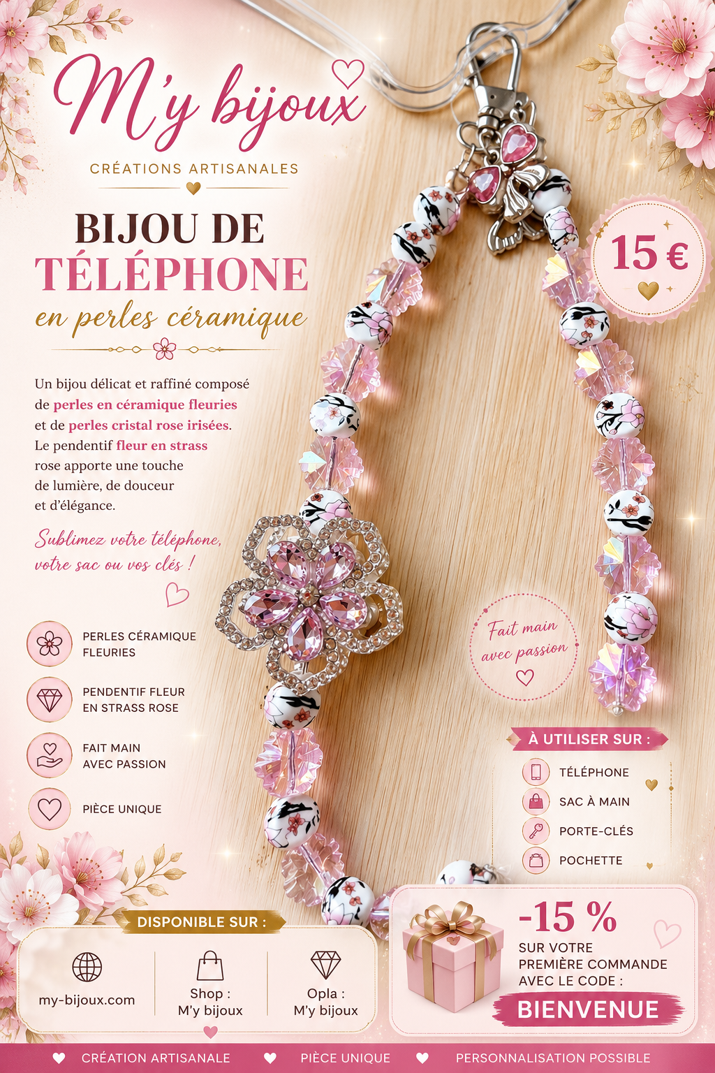 🌸 Bijou de téléphone en perles céramique – Fleur Cristal Rose