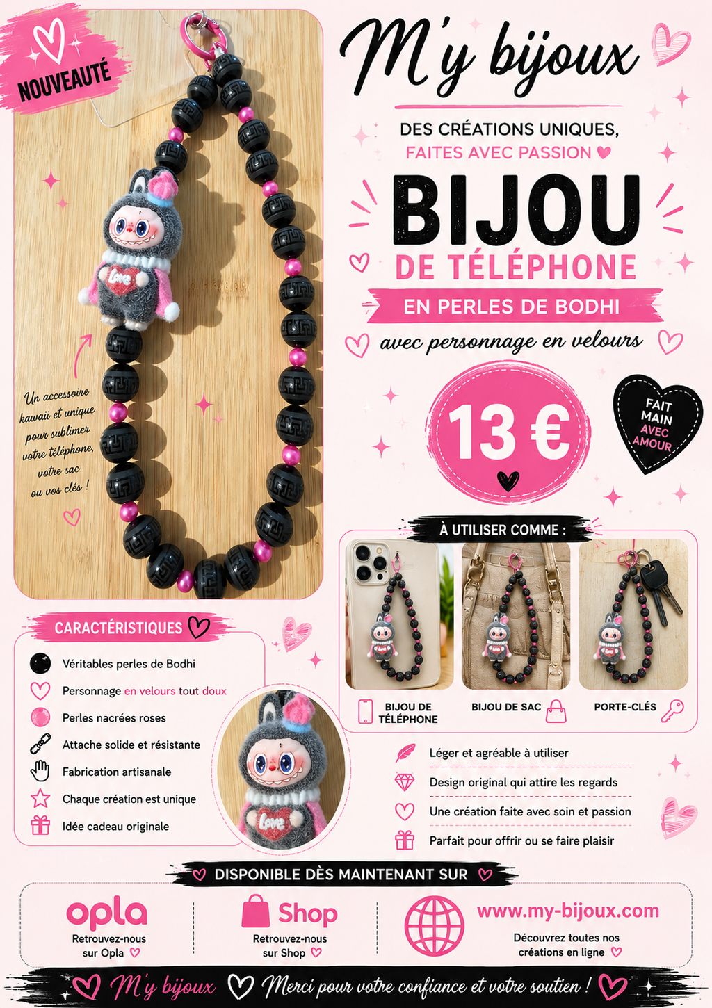 Bijou de téléphone – Personnage en velours & perles de Bodhi