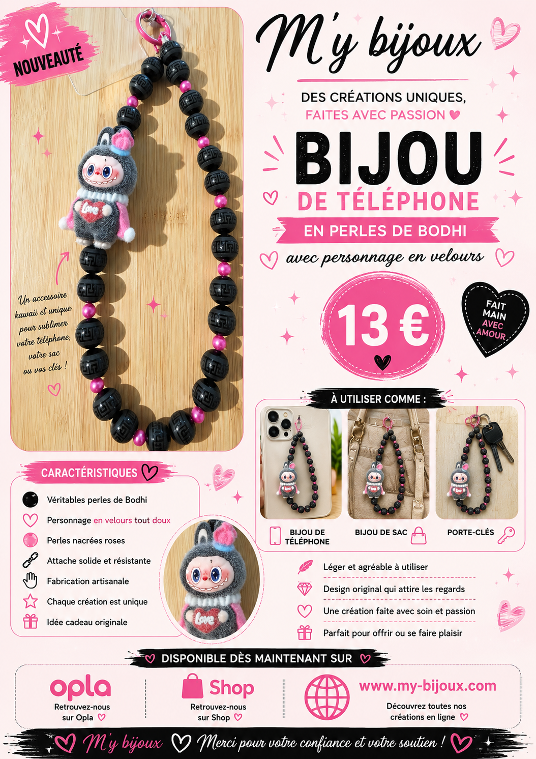 Bijou de téléphone – Personnage en velours & perles de Bodhi