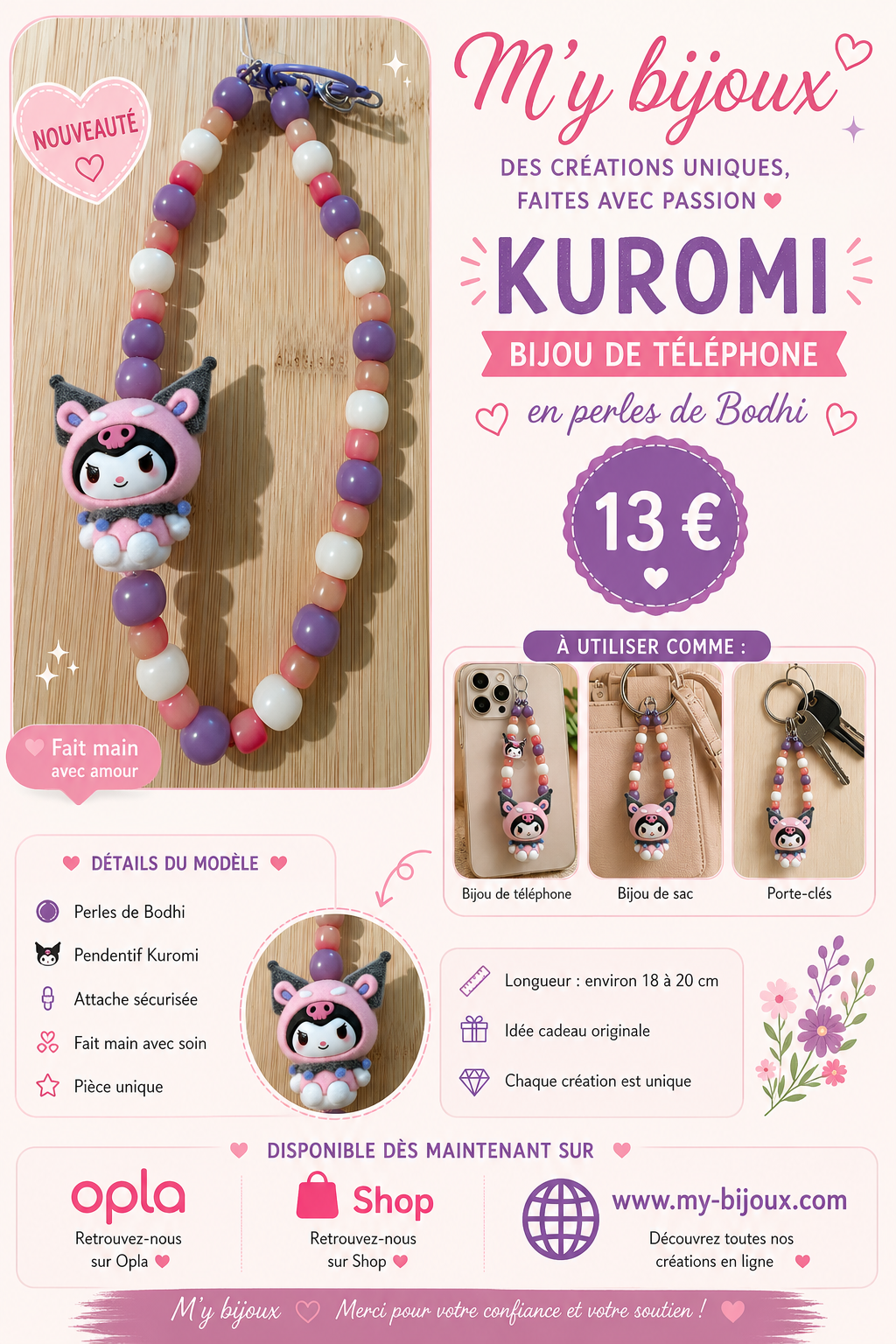 Bijou de téléphone Kuromi – Perles de Bodhi