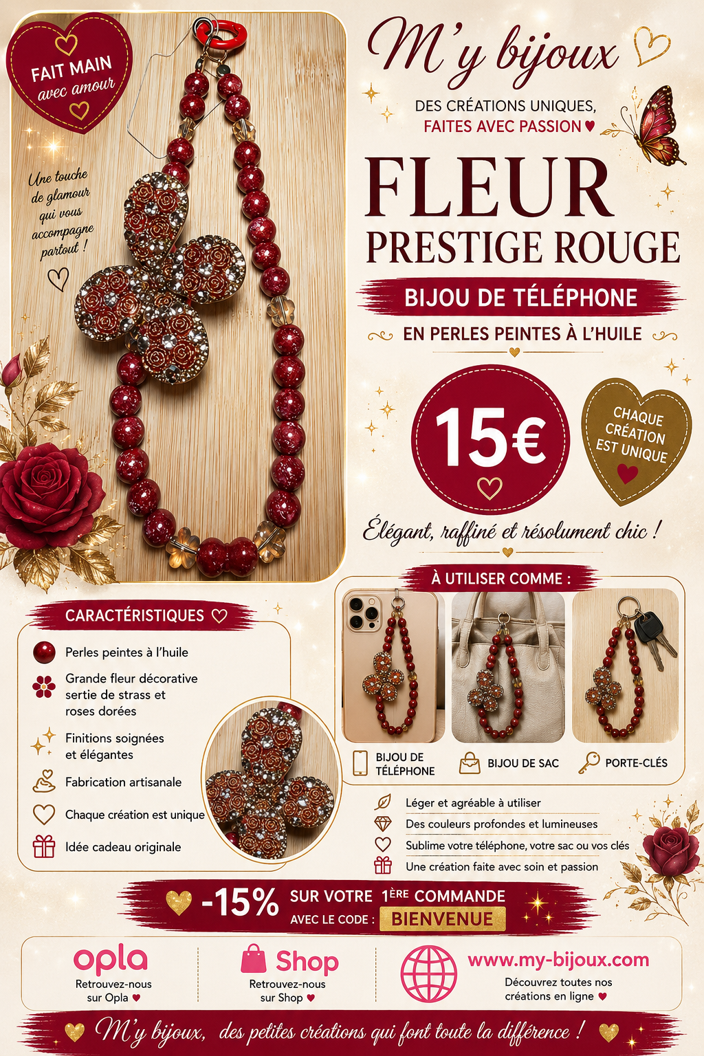🌹 Bijou de téléphone – Fleur Prestige Rouge
