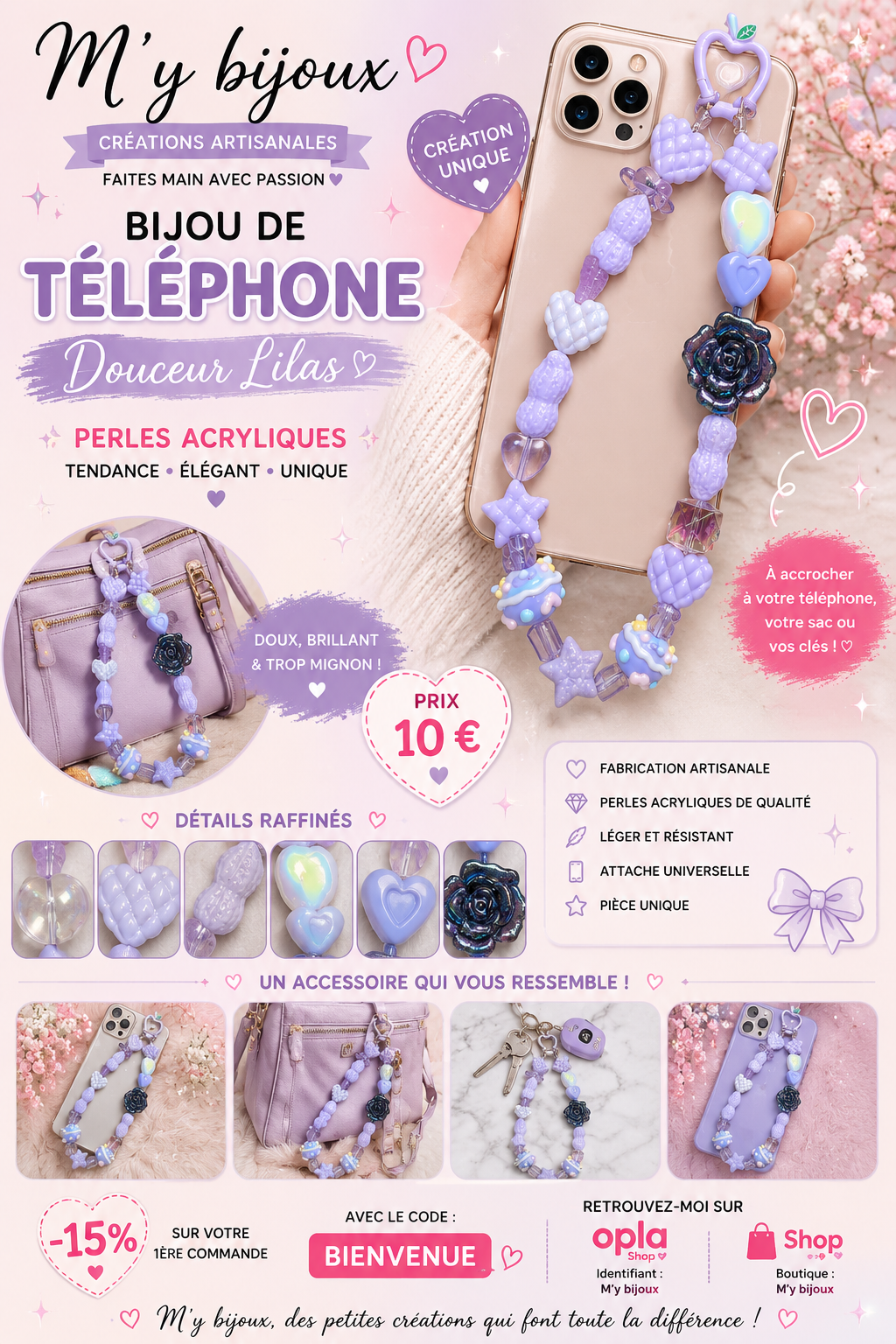 💜 Bijou de téléphone – Collection Perles Acryliques 💜
