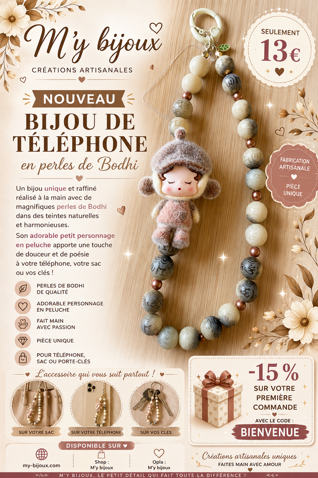 🤍 Bijou de téléphone « Douce Rêverie » – Collection Bodhi