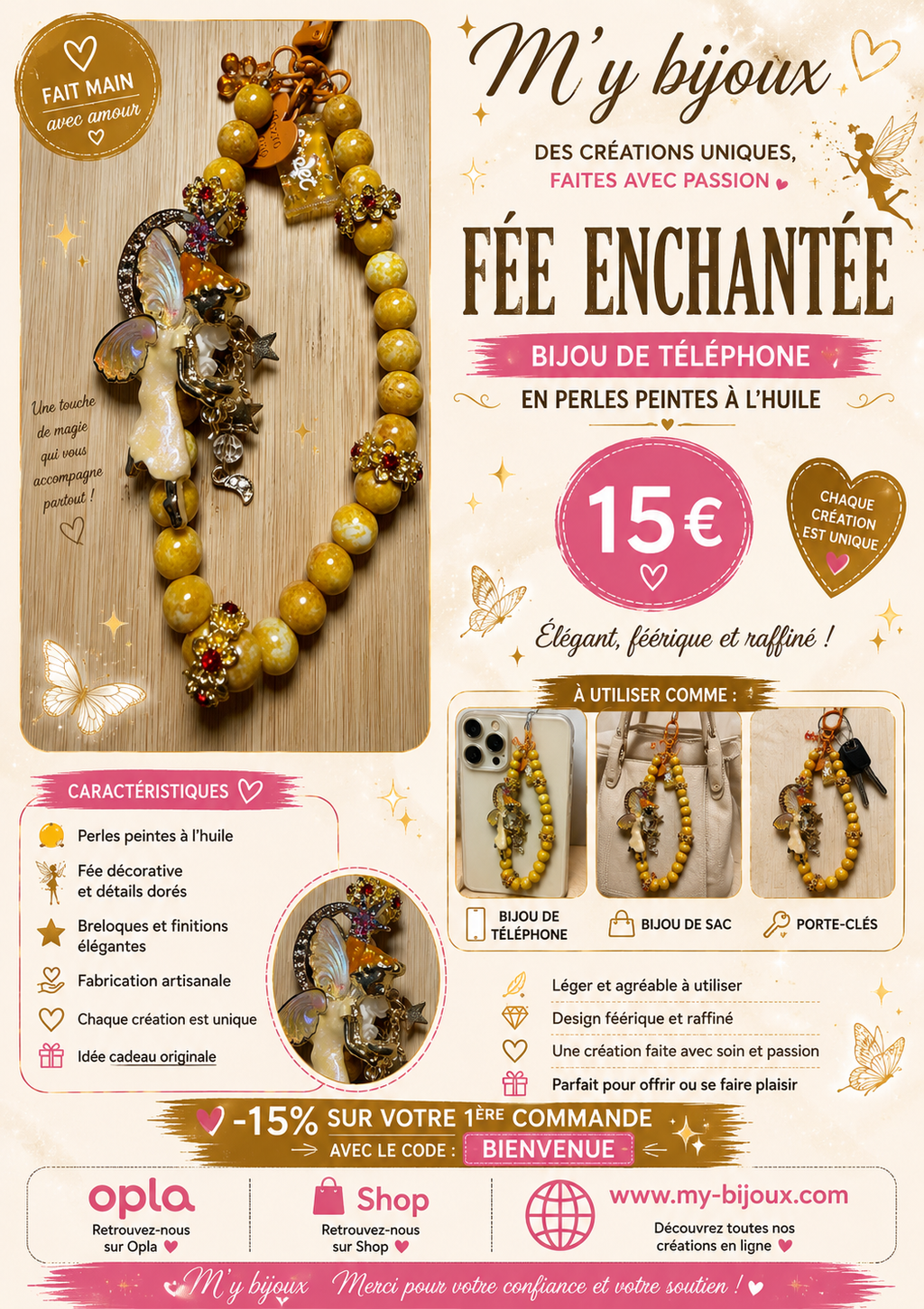 ✨ Fée enchantée – Bijou de téléphone en perles peintes à l’huile