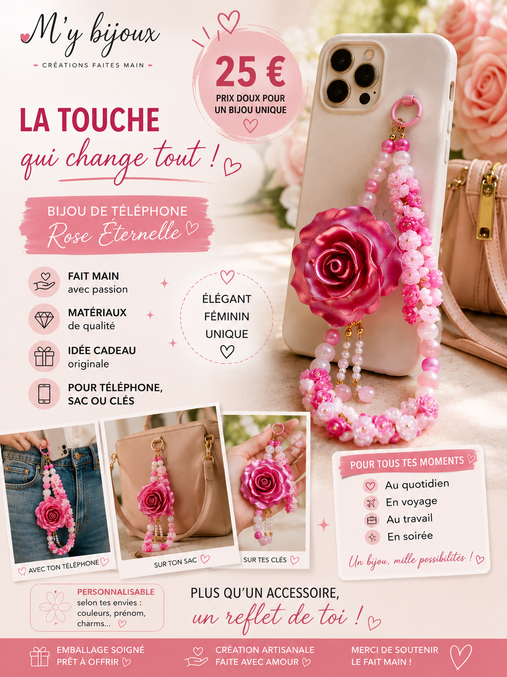🌹 Bijou de téléphone personnalisé – Rose Éternelle