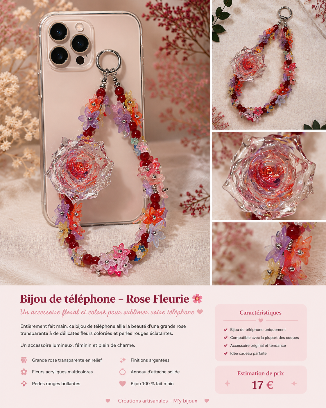 Bijou de téléphone Rose Fleurie – Création artisanale colorée
