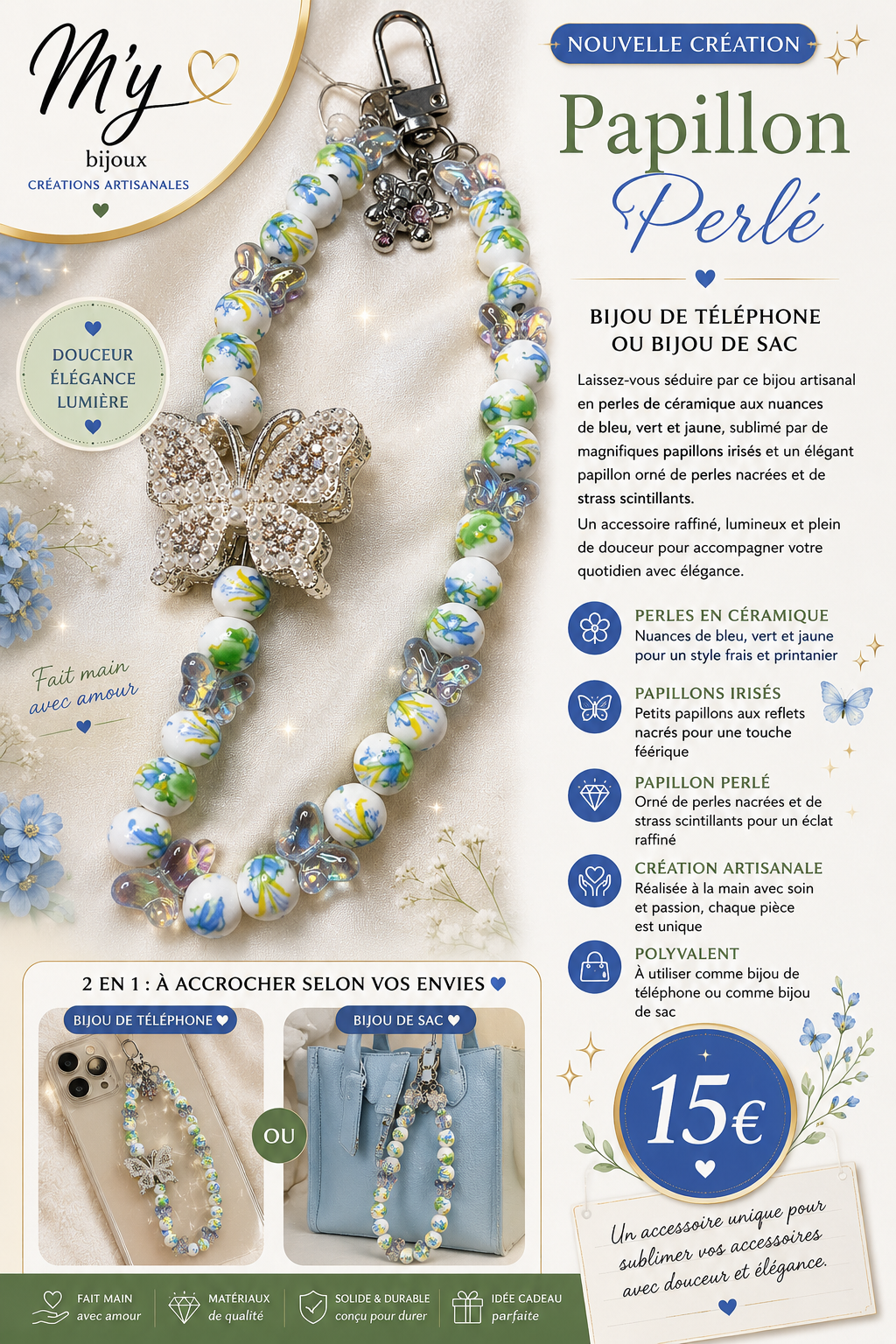 🦋 Bijou de téléphone / Bijou de sac – Papillon Perlé