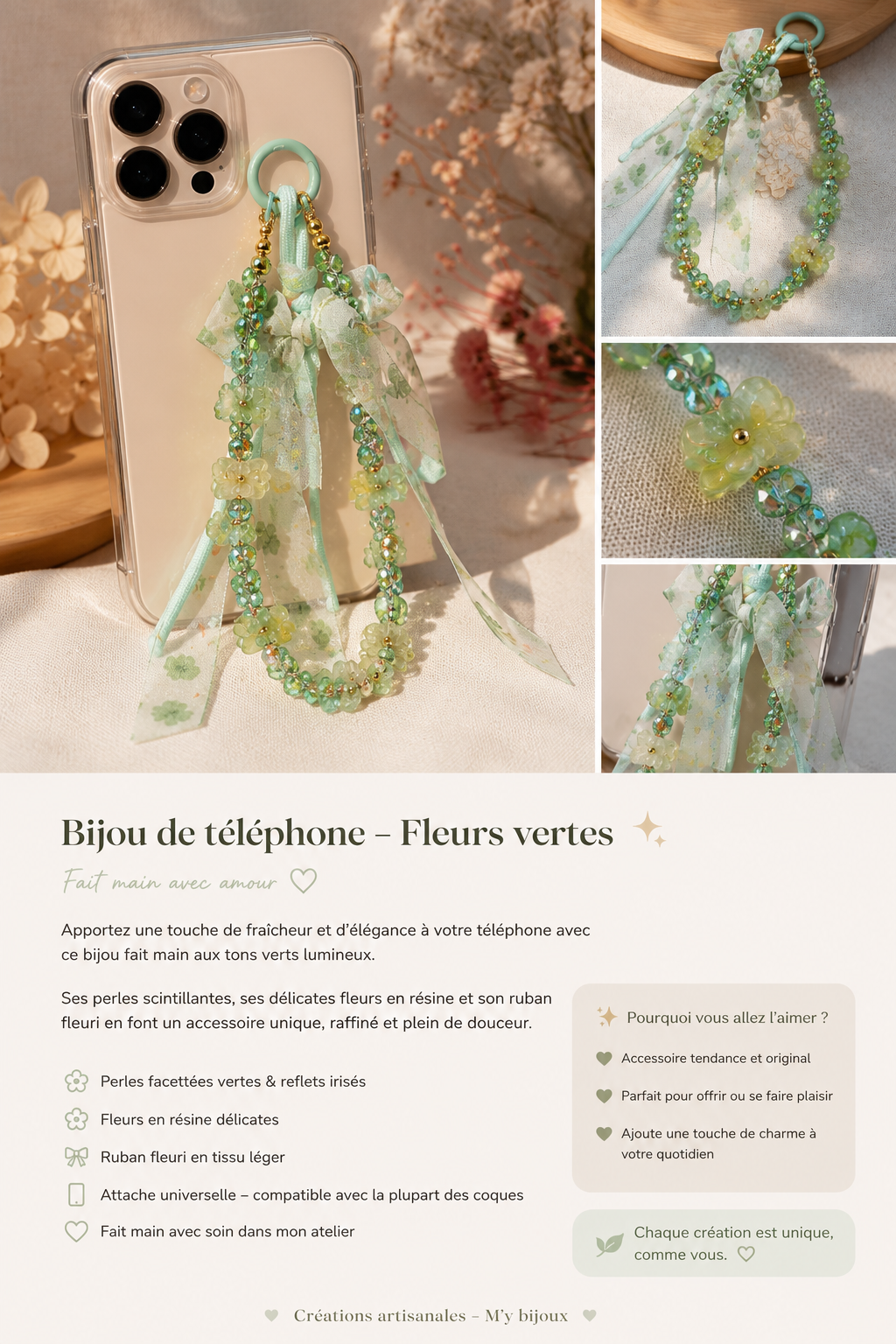 Bijou de téléphone fleuri vert & bleu – Perles scintillantes et rubans – Fait main