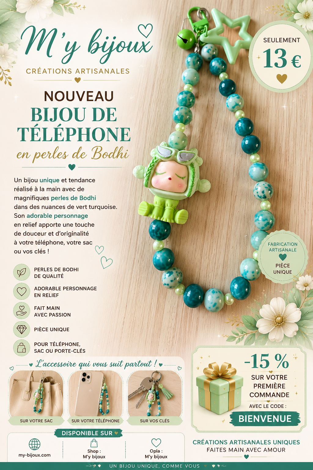 💚 Bijou de téléphone « Étoile Menthe » – Collection Bodhi