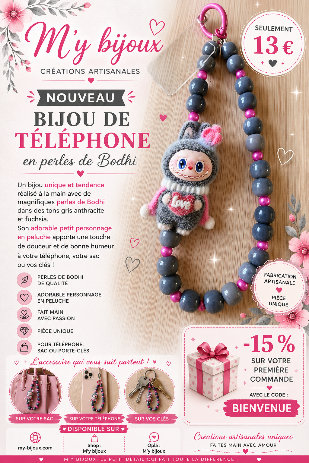 🩶💖 Bijou de téléphone « Love Passion » – Collection Bodhi