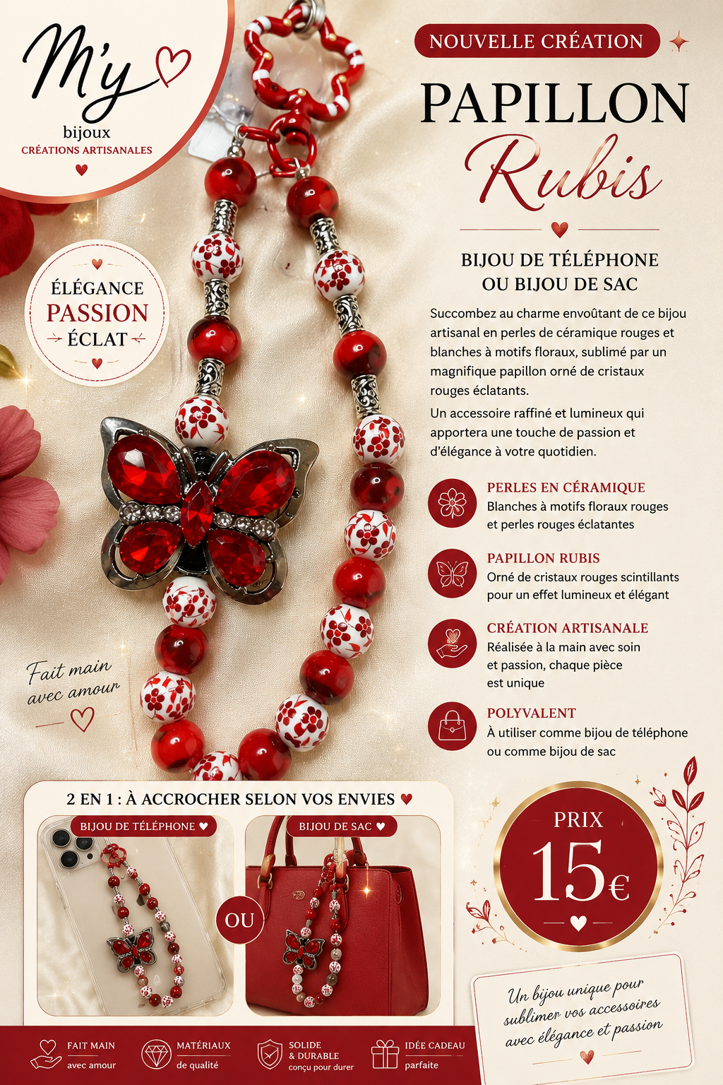 🦋 Bijou de téléphone / Bijou de sac – Papillon Rubis