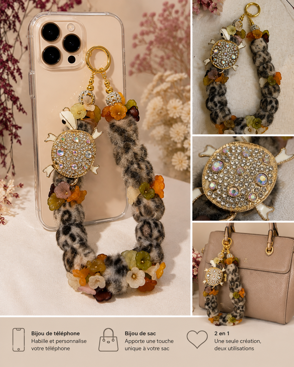 Bijou 2-en-1 Léopard Fleuri – Bijou de téléphone & bijou de sac