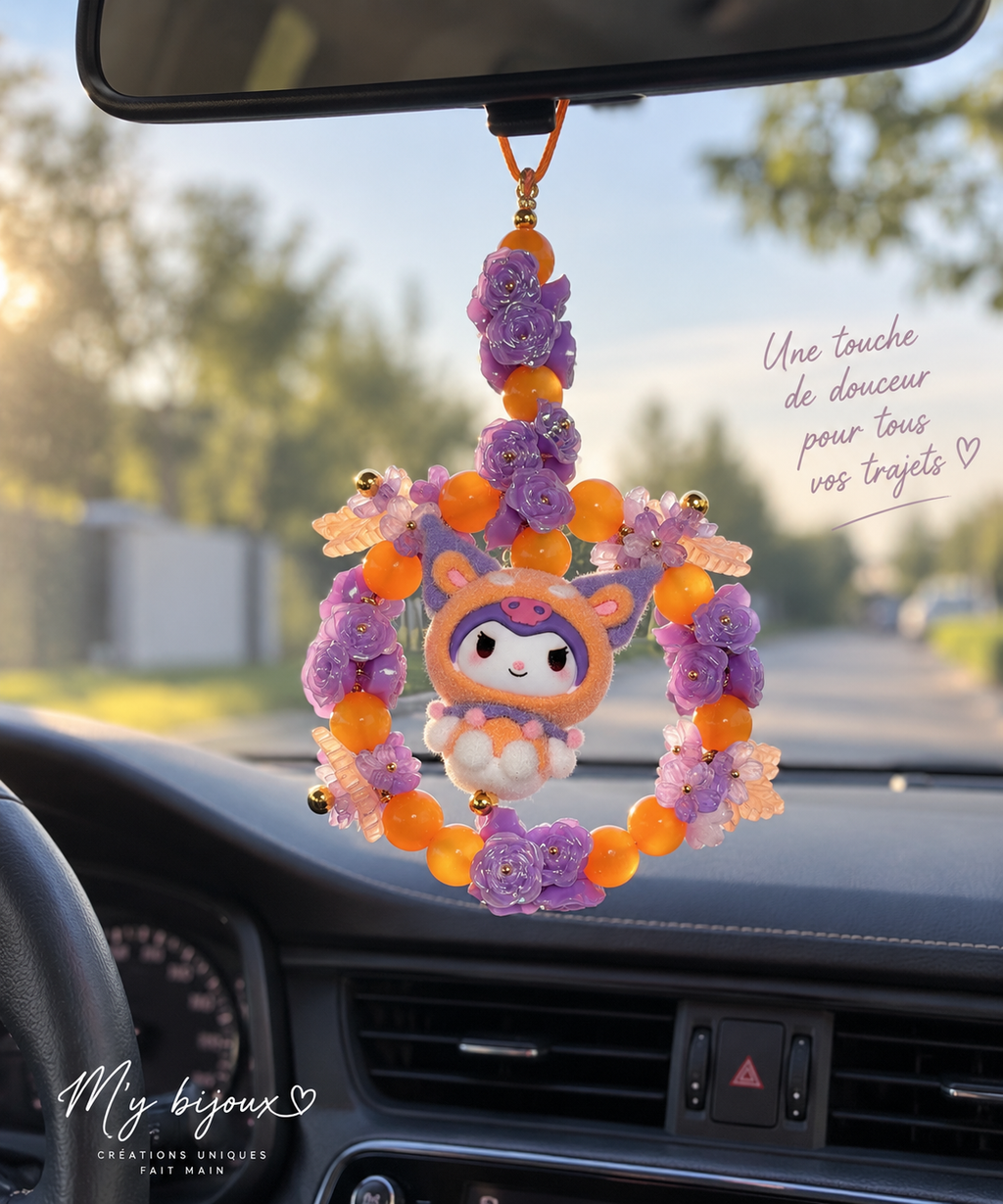 Bijou de rétroviseur “Douceur Orange & Violette” – Fleurs & perles – Fait main